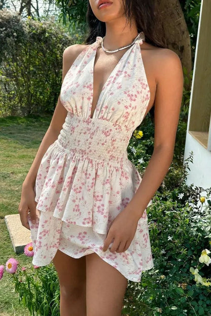 Floral Halter Plunging V Neck Smocked Waist Tiered Ruffle Mini Dress
