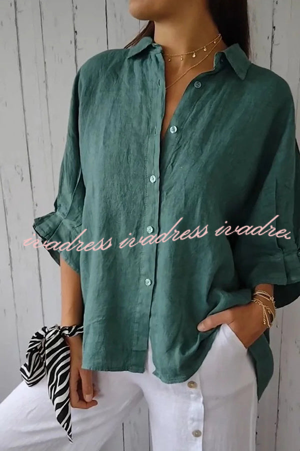 Linen Blend Solid Color Tie Back Loose Shirt Top