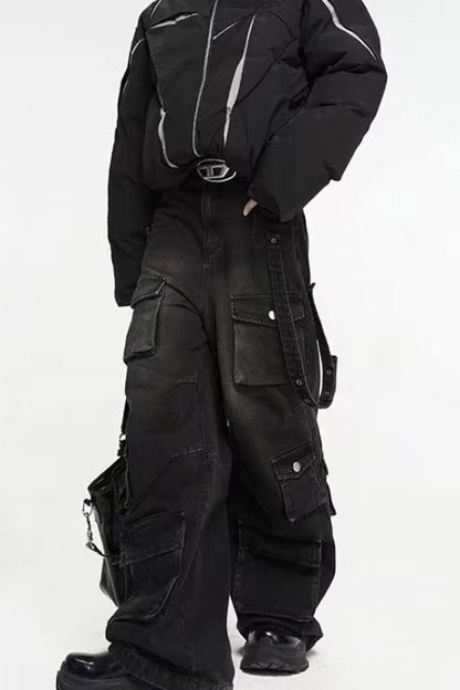 Distressed Multi Pocket Wide Leg Jeans