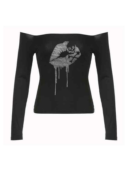 Off Shoulder Lip Skull Print Long Sleeve Tee