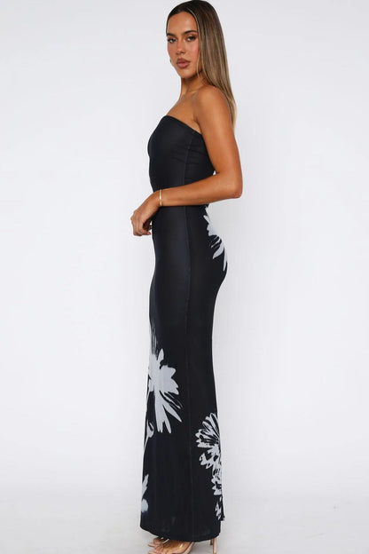Strapless Floral Graphic Print Bodycon Column Maxi Dress