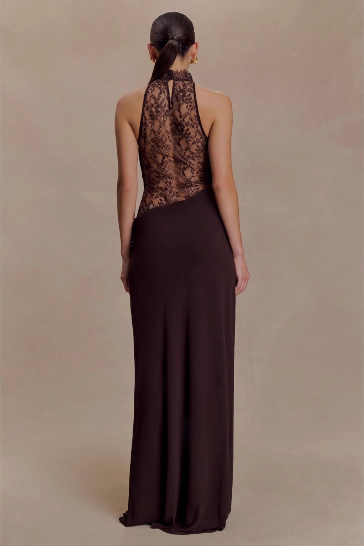 Halter Lace Collar Cowl Neck Diagonal Lace Panel Waist Maxi Gown
