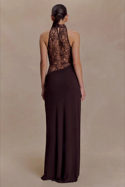 Halter Lace Collar Cowl Neck Diagonal Lace Panel Waist Maxi Gown