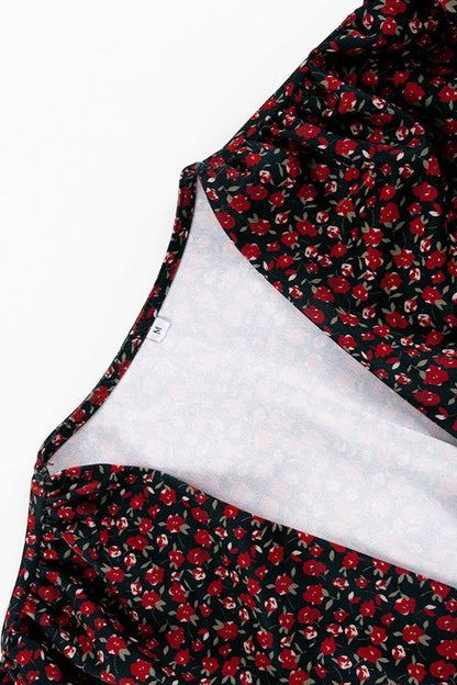 Micro Floral Print Tie-Front Deep V-Neck Side Slit Floral Applique Maxi Dress