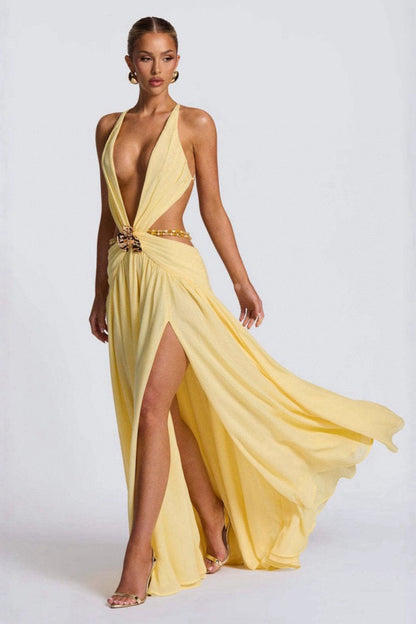 Chiffon Deep V-Neck Waist Cut Out Butterfly Buckle Chain Belt High Split Maxi Dress