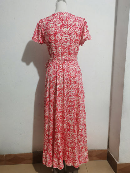 Floral Boho Short Sleeve Wrap Maxi Dress - V Neck Belted High-Low Flowy Sun Dress - Summer Beach Vacation 2026