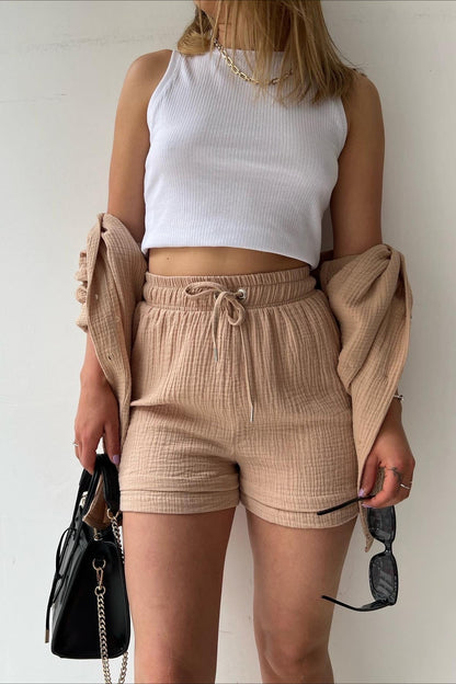 Textured Lapel Long Sleeve Top High Waist Shorts Set