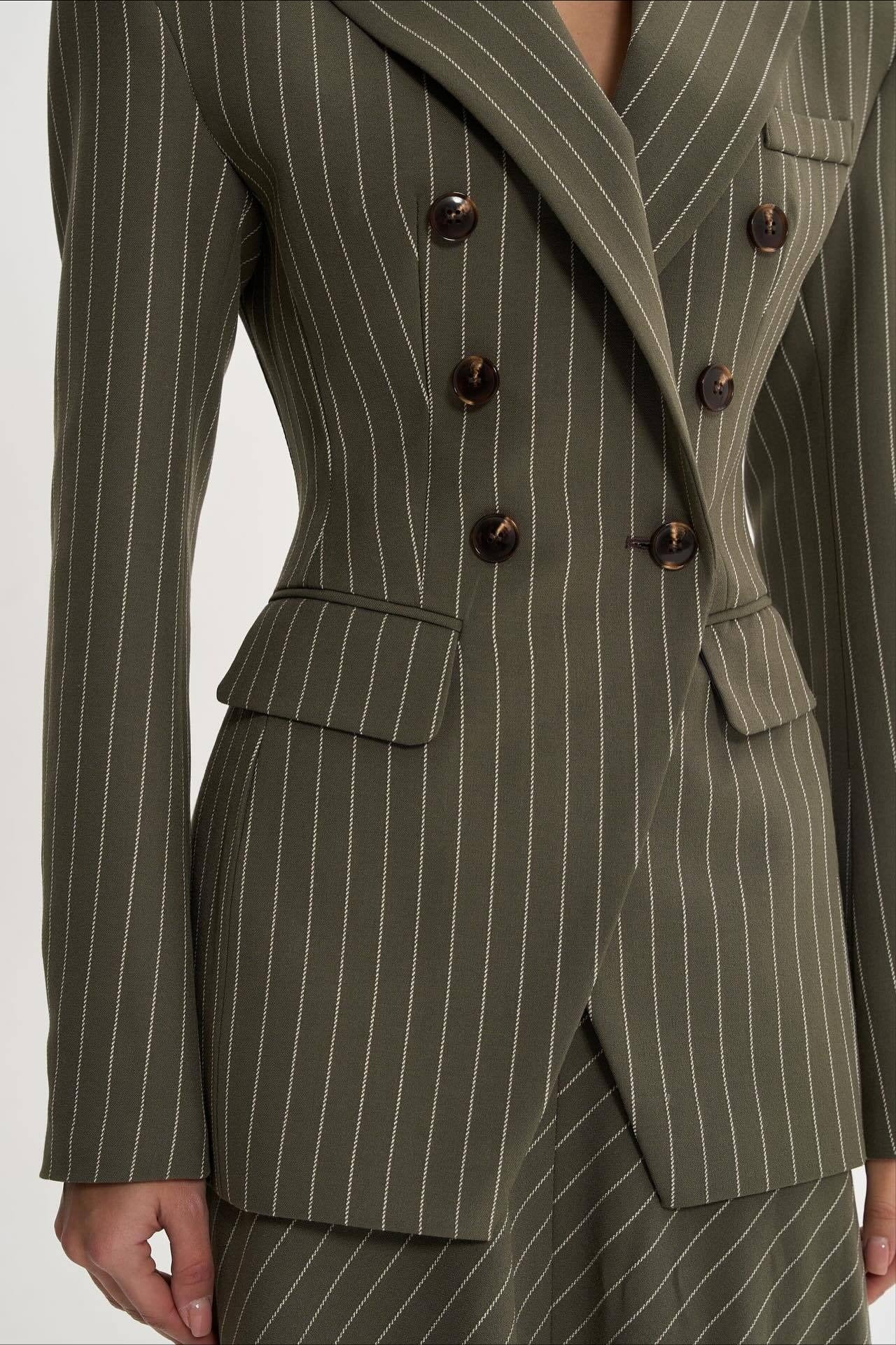 Structured Flowing Striped Fitted Two Piece Blazer Skirt Set