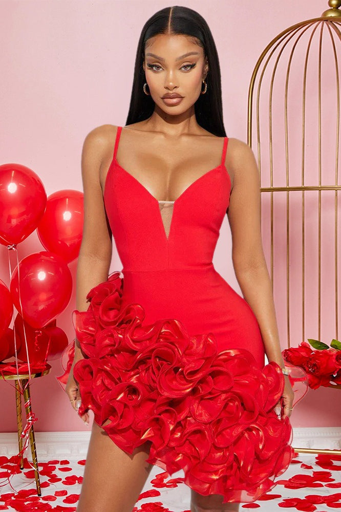 Spaghetti Strap Plunge V-Neck 3D Rosette Ruffle Mini Dress