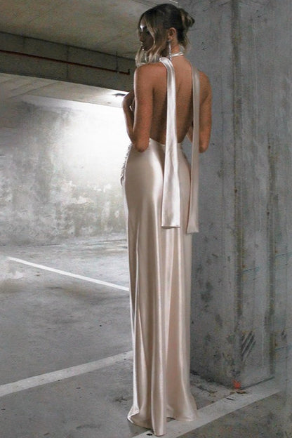 Chic Sexy Deep V Halter Backless Satin Ribbon Formal Dress
