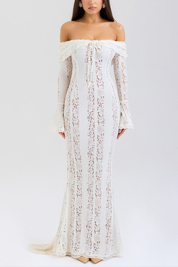 Floral Lace Off Shoulder Bell Sleeve Mermaid Maxi Dress