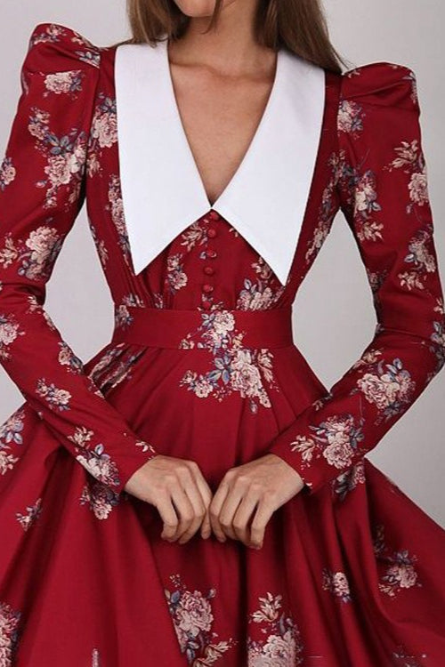 Pointed Collar Puff Shoulder Long Sleeve Cinched Waist Floral Midi Dress