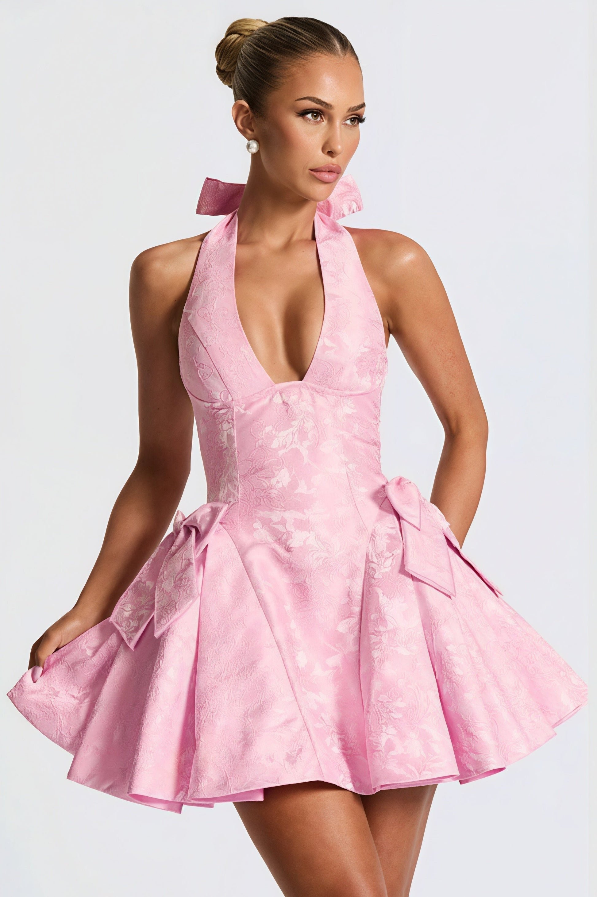 Jacquard Halter Deep V Neck Bow Back Hip Bow Fit and Flare Mini Dress