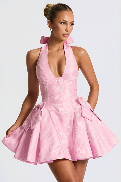 Jacquard Halter Deep V Neck Bow Back Hip Bow Fit and Flare Mini Dress