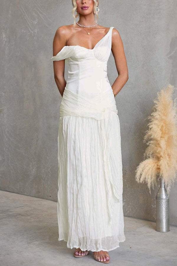 Zariyah Satin Bodice Asymmetric Neck Tie-up Waist Chiffon Hem Maxi Dress