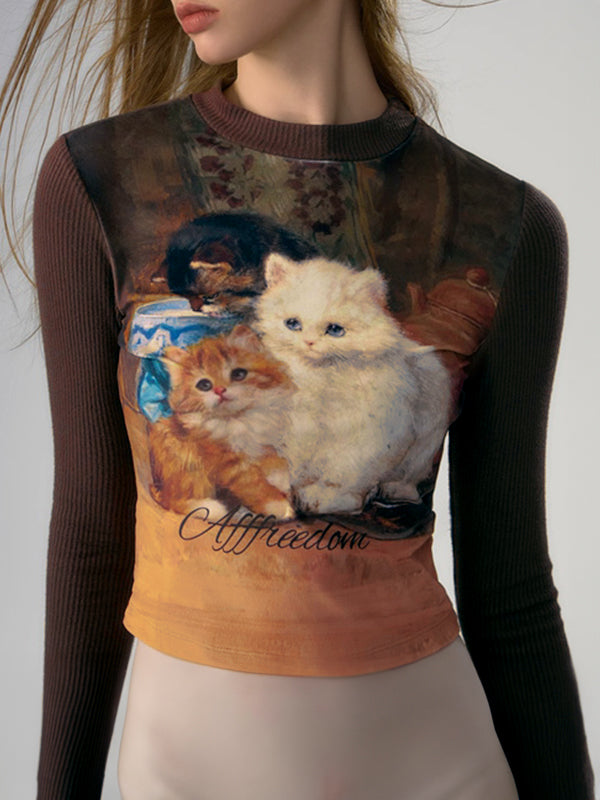 Kitten Print Splice Slim Long Sleeve Knit