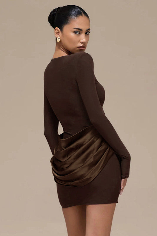 Boat Neck Padded Shoulder Long Sleeve Draped Satin Hip Overlay Bodycon Mini Dress