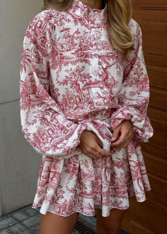 Toile Print Mandarin Collar Puff Sleeve Tie Waist A-Line Mini Dress