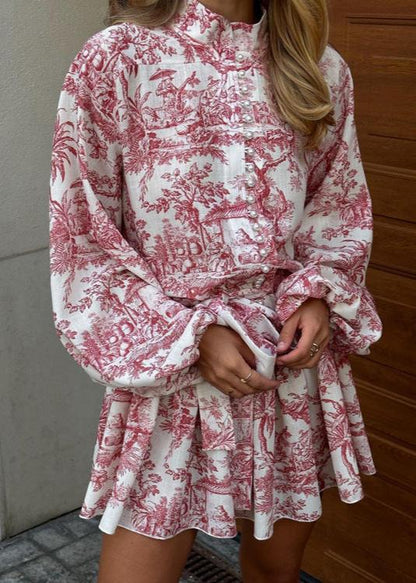 Toile Print Mandarin Collar Puff Sleeve Tie Waist A-Line Mini Dress