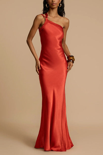 One-Shoulder Knotted Strap Side-Tie Satin Column Maxi Gown