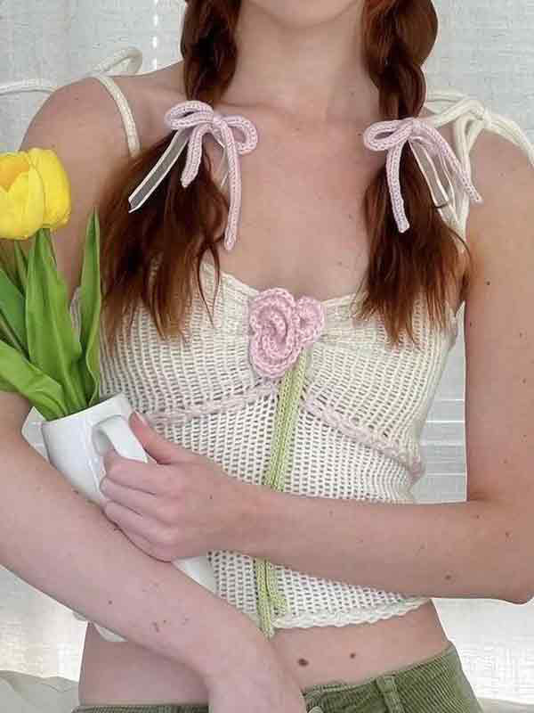 Flower Decor Backless Tie Up Crochet Cami Top