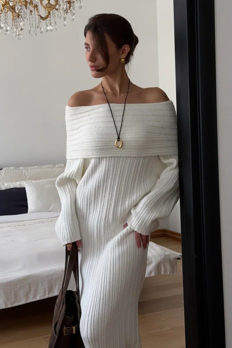 | Solid Off Shoulder Bodycon Knit Maxi Dress