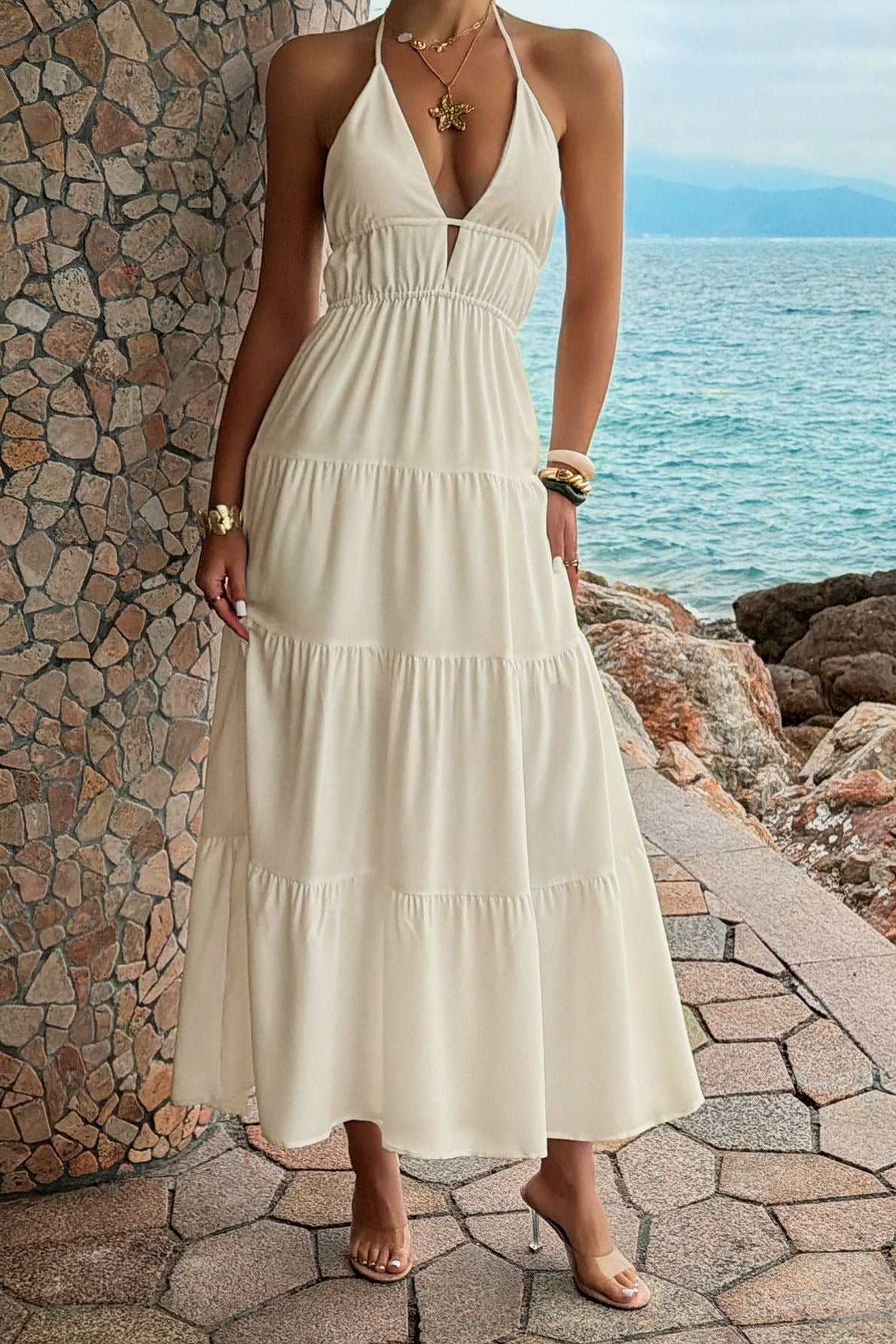 Halter Deep V Neck Smocked Waist Tiered Maxi Dress