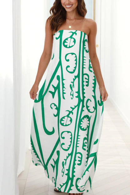 Graphic Scroll Print Strapless Bandeau Flowy A-Line Maxi Dress