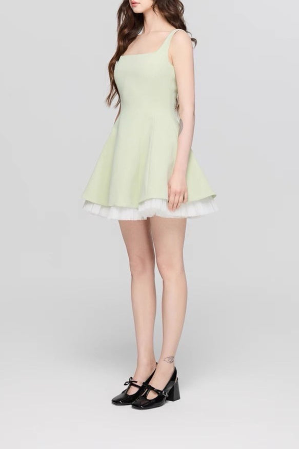 Square Neck Princess Seam Tulle Underlay Fit and Flare Mini Dress