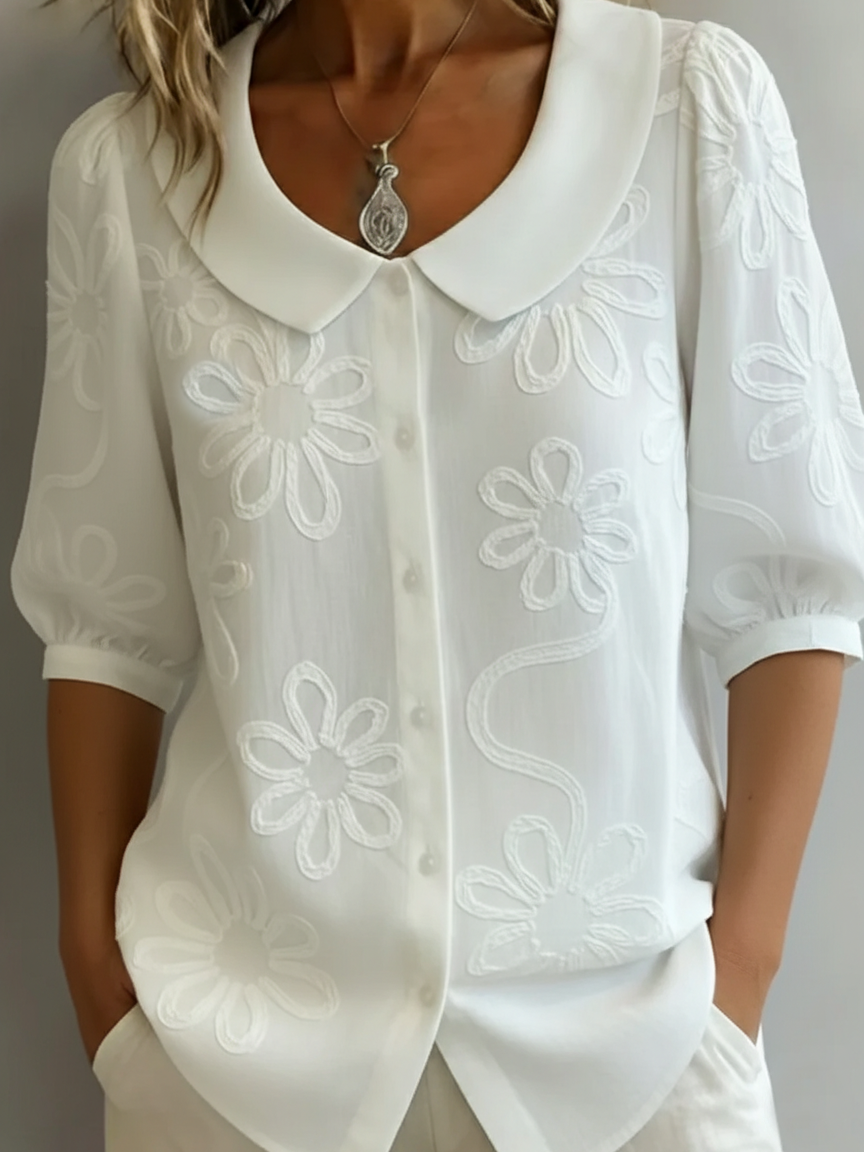 Women's Floral Embroidered Peter Pan Collar Blouse – Lightweight Vintage Top