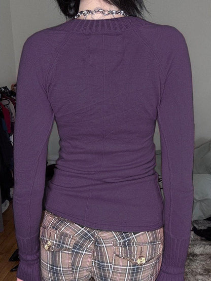 Ribbed Deep V Neck Knit Long Sleeve Tee