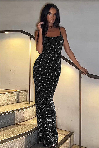 Polka Dot Print Spaghetti Strap Scoop Neck Bodycon Maxi Dress