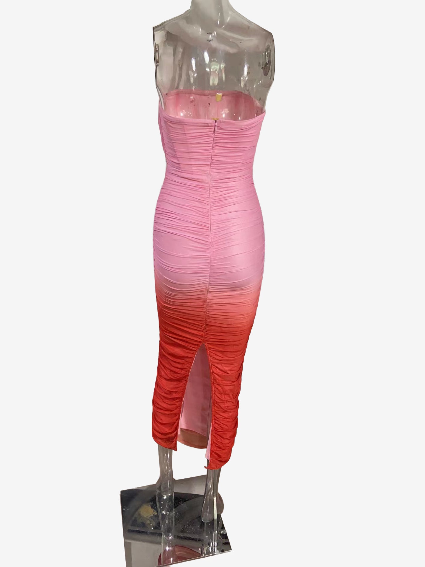 Ombre Strapless Maxi Dress for Women - Peach Ruched Bodycon Tube Dress with Back Slit - Summer Resort Wear 2026
