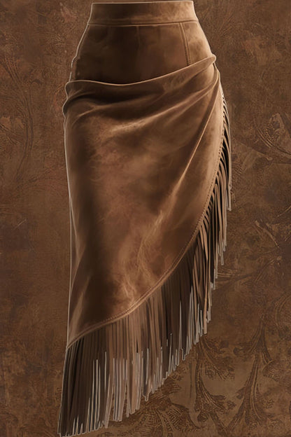 Fashionable Suede Tassel Irregular Casual Midi Skirt