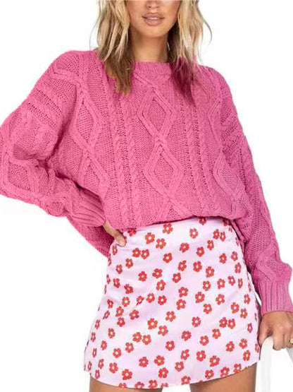 Solid Crew Neck Cable Knit Sweater