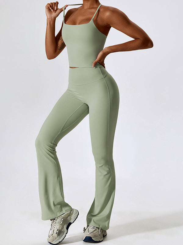 Sporty Solid Quick Dry Cami Top & Flared Pants Set
