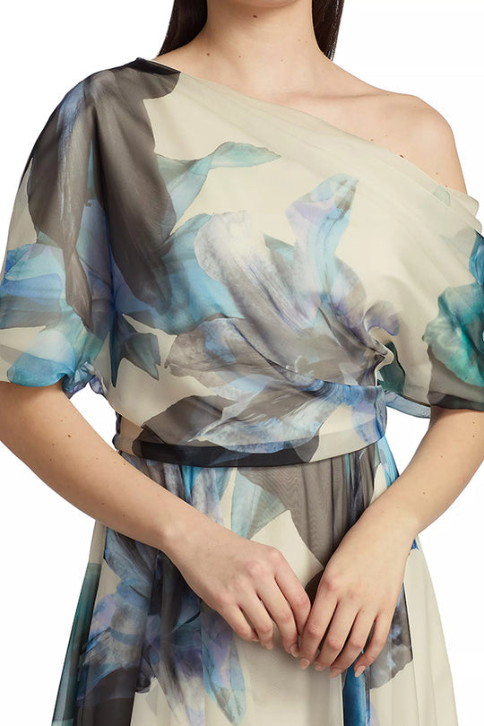 Floral Print One Shoulder Draped Sleeve Belted Pleated Maxi Dress