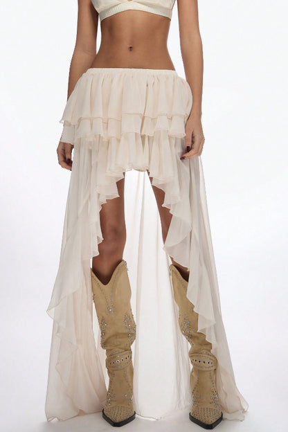 Solid Color Casual Elastic Waist Irregular Ruffle Holiday Skirt