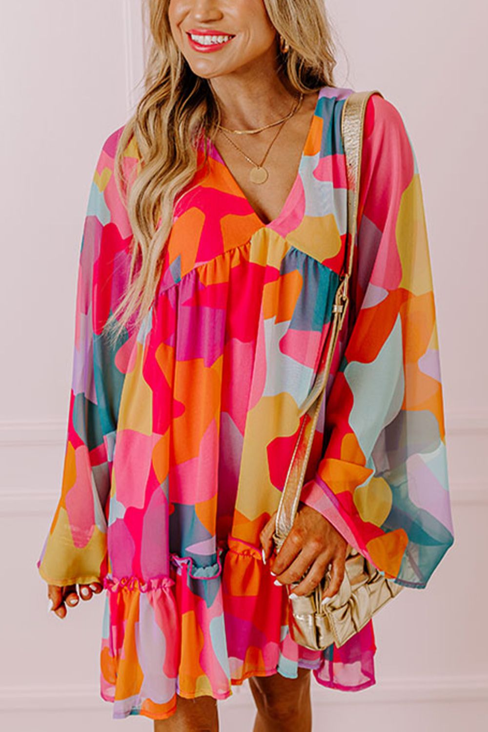 Abstract Geometric Print Deep V-Neck Bell Sleeve Tiered Ruffle Mini Dress