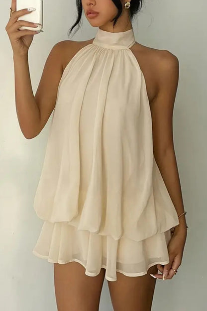 Fashionable Chiffon Halter Neck Backless Lace-up Casual Vacation Mini Dress