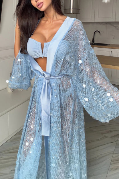 Fashionable Sequined Loose Long-sleeved Tie-front Holiday Casual Cover-up
