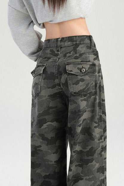 Camouflage Wide Leg High Waist Relaxed Jeans