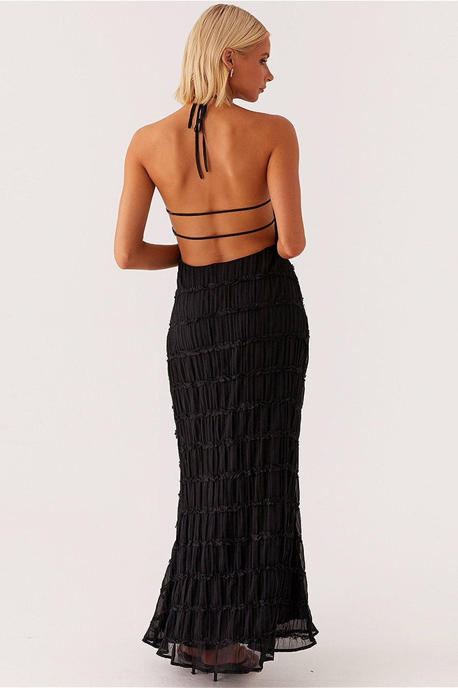 | Backless Ruched Pleated Maxi Dress