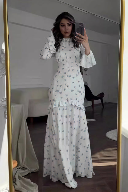 Ruffle Mock Neck Bell Cuff Hip Tier Ditsy Floral A-Line Maxi Dress
