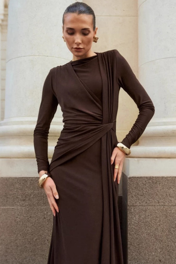 Draped Twist Front Ruched Long Sleeve Maxi Gown