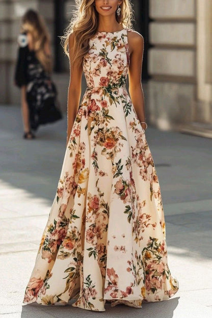 Floral Print Round Neck Sleeveless Elegant Maxi Dress