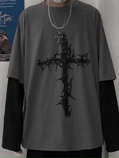 Thorn Print Fake Two Piece Oversized Long Sleeve Tee