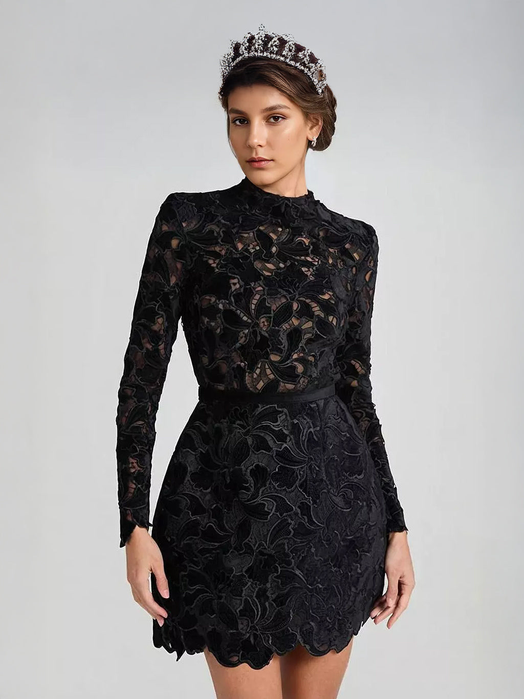 Lace Dress High Neck Long Sleeve Birthday Party Spring Mini Dress For Women 2026