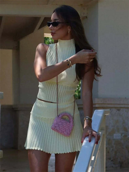 Knitted Pleated Wrap Skirt Two Piece Set