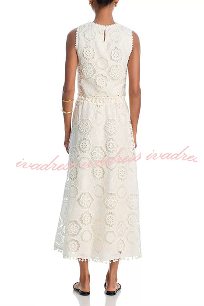 Nice Try Embroidered Crochet Lace Tassle Trim Crop Tank Top